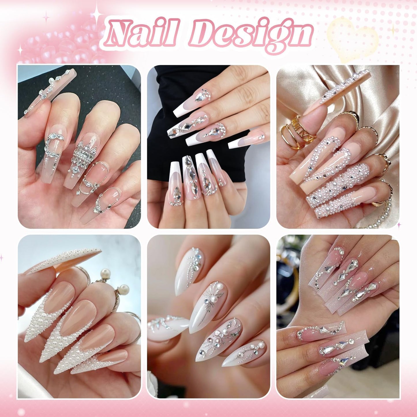 Flatback Pearls (White), Metal Nail Beads (Silver), and Glass Rhinestones (Clear) for Nail Art, Charms, and Round Caviar Beads - Multi Shapes Crystals Gems for Manicure Decor