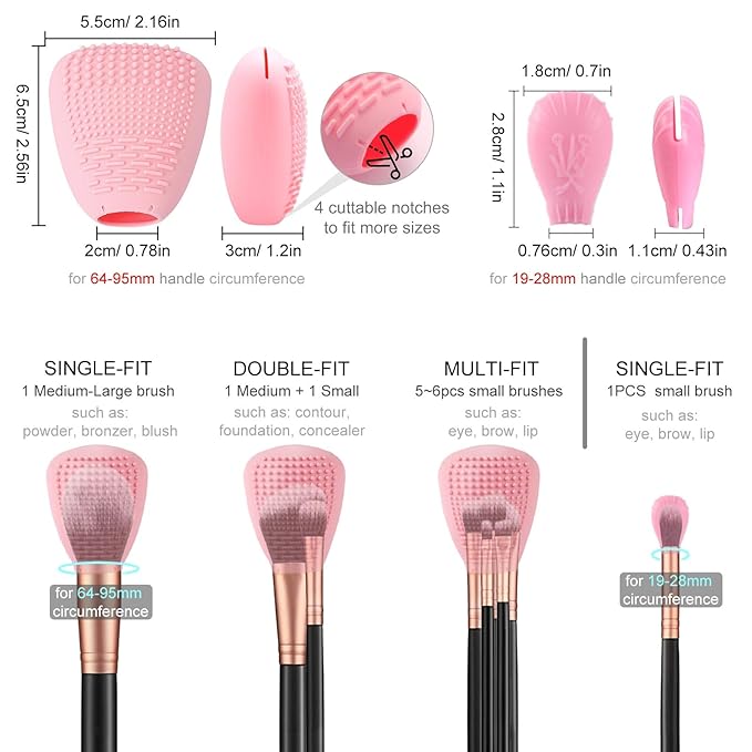Silicone Travel Make-up Brush Holder with Cleaner Mat Pad, Organizer Case Covers for Foundation Eye Lip Brushes Storage Cleaning, Gift for Women Girl-friend Mother Wife, 5-Pcs Large + 7 Small, Pink