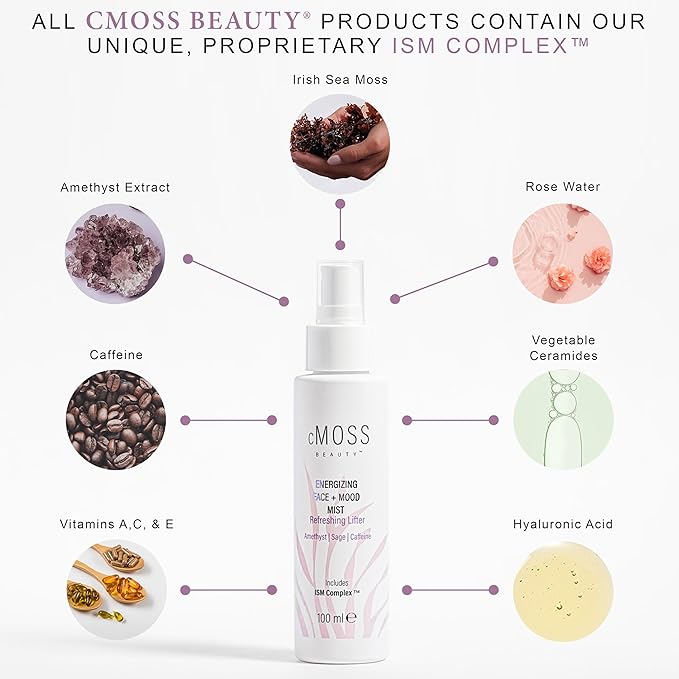 Sea Moss Infused Face and Mood Lifting Mist with Real Amethyst, Caffeine, Sage, and Hyaluronic Acid to Tighten, Brighten Skin and Calm Emotions