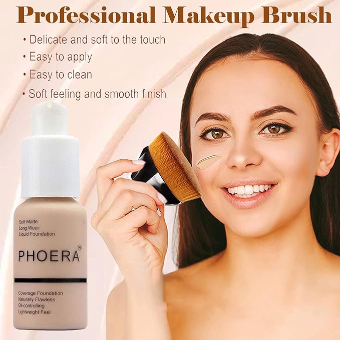 2 Pcs Phoera Foundation Makeup 102 and 104 Liquid Full Coverage 24HR Matte Oil Control Foundation Makeup Concealer (Nude & Buff Beige) with Kabuki Foundation Brush Flat Top