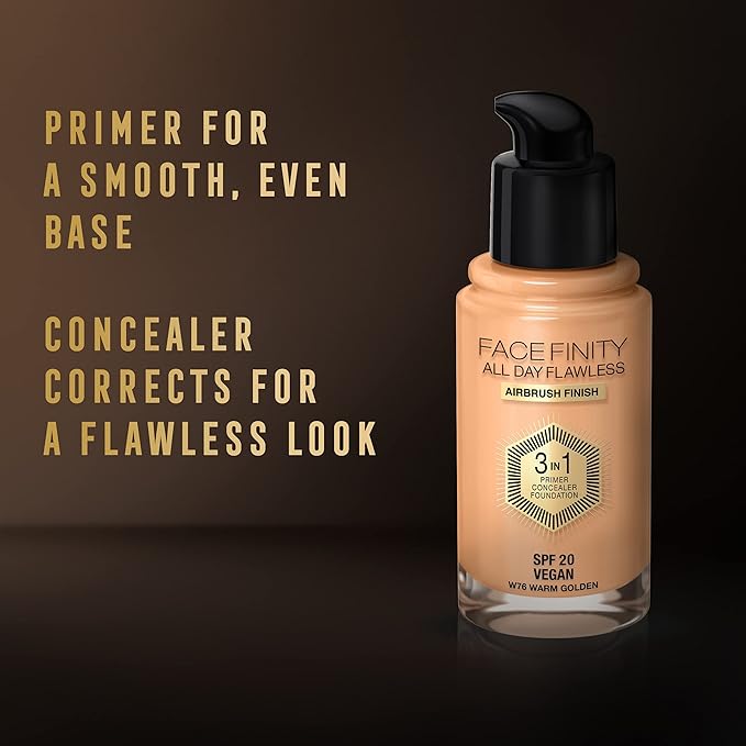Max Factor Facefinity 3-in-1 All Day Flawless Liquid Foundation, SPF 20-76 Warm Golden, 30 ml