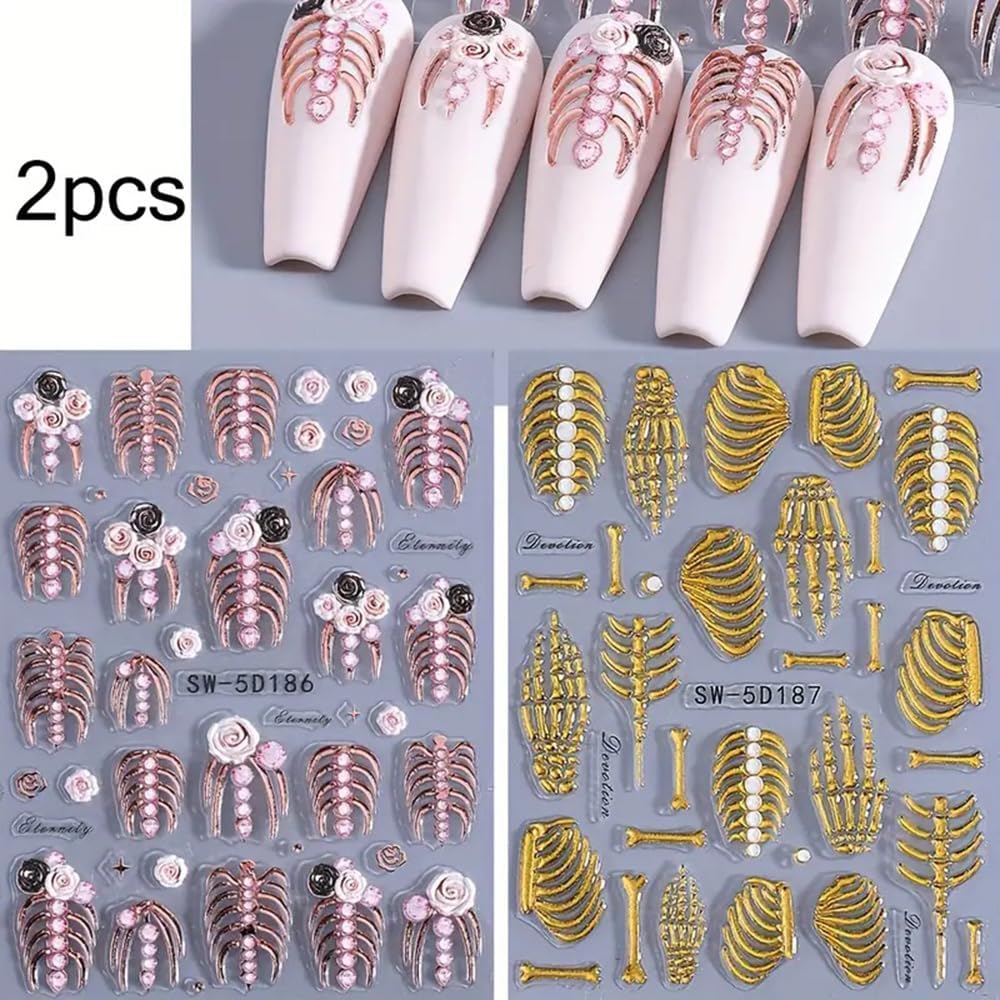 2 Sheets 5D Embossed Skull & Bone Nail Decals for Nail Art Self-Adhesive Halloween Nail Stickers Pink Hand Bone Rose Flower Nail Art Stickers Scary Gold Bones Design Decals for Women Nail Accessories