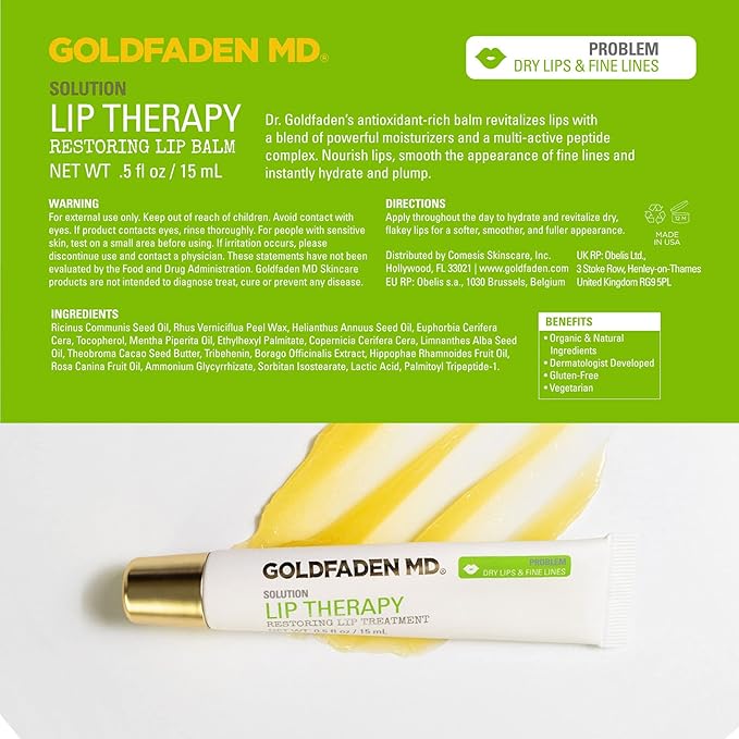 Goldfaden MD Lip Therapy | Restoring Lip Treatment | w/Peptides, Hyaluronic Acid, Fruit Berry Wax, Borage Oil, Rose Hip Oil & Vitamin E | Nourishes, Hydrates & Plumps Appearance 0.5 ﬂ oz / 15 mL