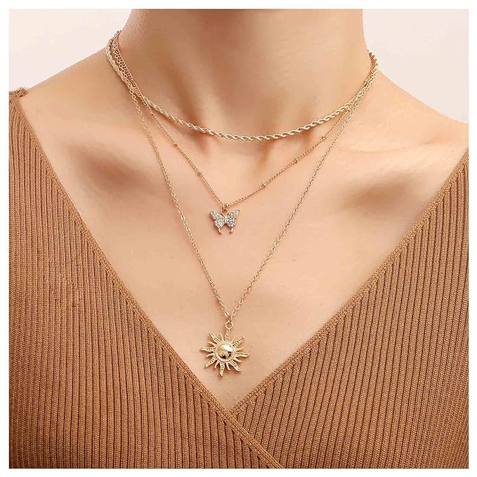 Bohemia Layered Sun Necklace Choker Crystal Butterfly Pendant Necklace Gold Rope Chain Necklace Vintage Sunflower Necklace Jewelry for Women and Girls