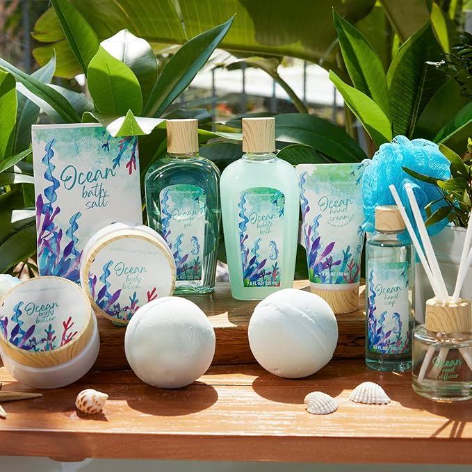 Green Canyon Spa Gift Baskets for Women, Bath and Body Gift Set for Women, 12Pcs Ocean Spa Sets Includes Bubble Bath, Body Lotion,Mothers Day Gifts for Her,Spa Baskets
