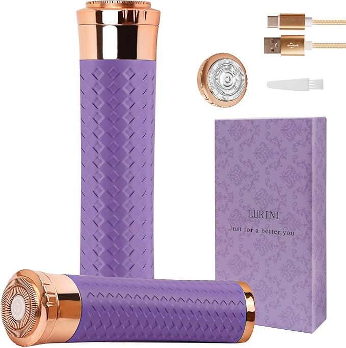 Facial Hair Removal for Women, Painless Rechargeable Hair Removal Device, Comes with 2 Replacement Heads, Portable Electric Shaver/Razor for Face, Chin, Upper Lip, arms and Peach Fuzz (Purple)