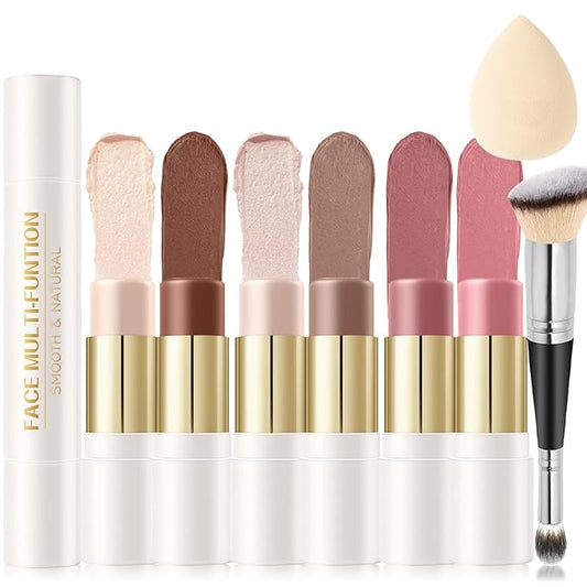 6 Colors Cream Contour Stick Makeup Contour Kit,Double-ended Cream Bronzer Stick for Sculpt, Highlighter Stick,Cream Blush Stick,Lightweight Contour Makeup Kit, Matte & Dewy Finish (SET A)