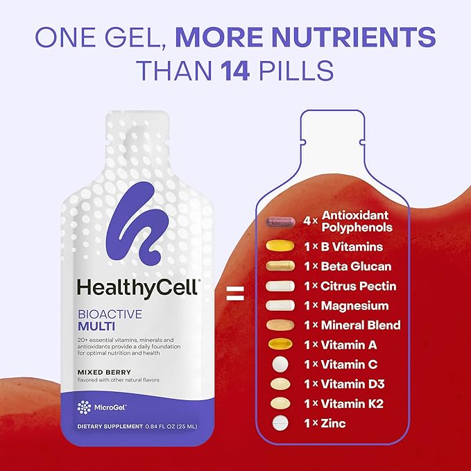 Healthycell Bioactive Daily Liquid Multivitamin for Men & Women – 20+ Essential Vitamins, Minerals & Antioxidants for Brain, Heart, Immune Support, Skin & Hair Support - 14 Gel Packs