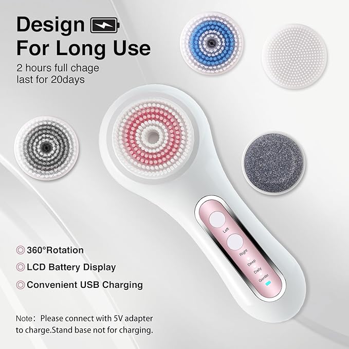 Face Scrubber Exfoliator,Facial Cleansing Brush Rechargeable IPX7 Waterproof with 5 Brush Heads,Electric Face Spin Brush for Exfoliating, Massaging and Deep Cleansing
