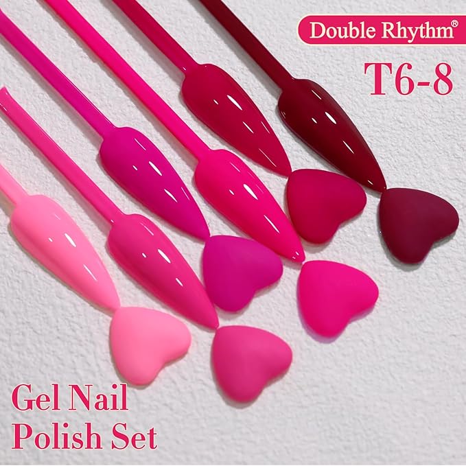Double Rhythm 6 Pcs 15 ML Gel Polish Set Same Color Same Bottle Soak Off Gel Polish Kit Nail Art Manicure Salon DIY at Home for Women (Neon Light Pink Purple Burgundy Red-T6-8)