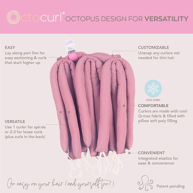 Octocurl Heatless Hair Curler - No Headband Octopus Curler - Overnight Curls for Long Hair (QMax - Mauve)