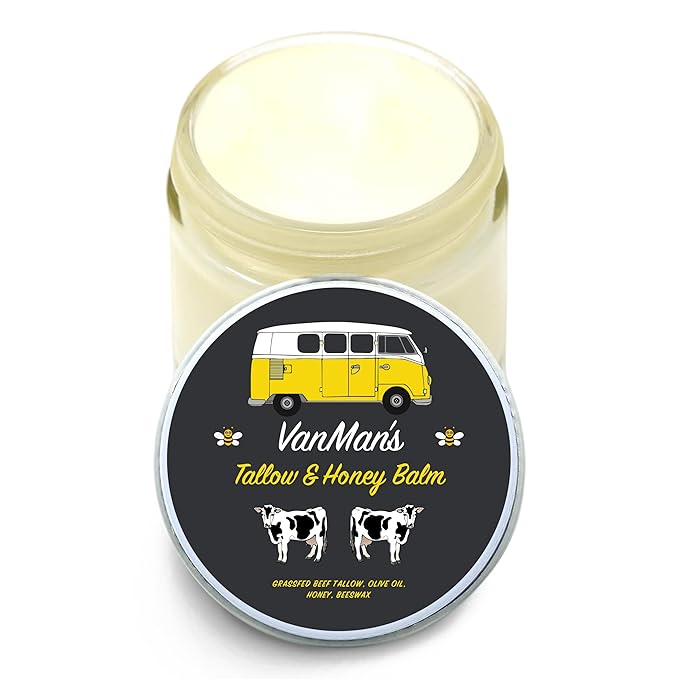 Vanman's Tallow and Honey Balm With No Added Scent - Beef Tallow Face Moisturizer with Grass-Fed/Finished Beef Tallow for Skin, Organic Raw Honey and Beeswax, Cold Pressed Olive Oil - 2.5 oz