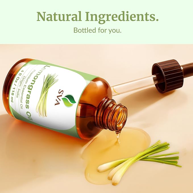 SVA Lemongrass Essential Oil – 4 Fl Oz – 100% Natural Lemongrass Oil - for Diffuser, Hair Care, Face, Skin Care, Aromatherapy, Scalp and Body Massage, Soap and Candle Making - with Dropper