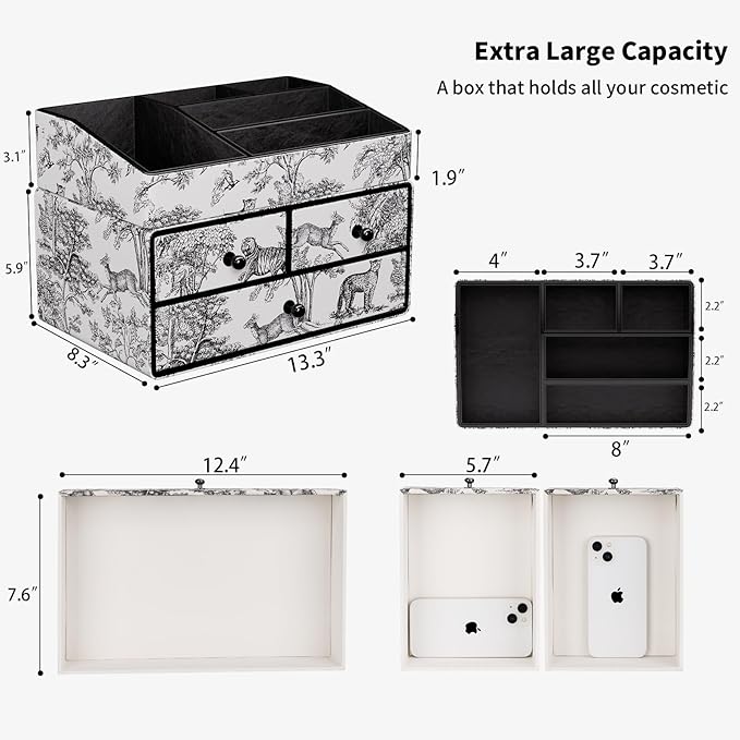 GORESE Leather Makeup Organizer with 3 Drawers for Vanity, Stackable Skincare Holder Dresser Organizer Countertop, Make Up Storage Organizers Counter Cosmetic Display Case Gift for Women(Retro Black)