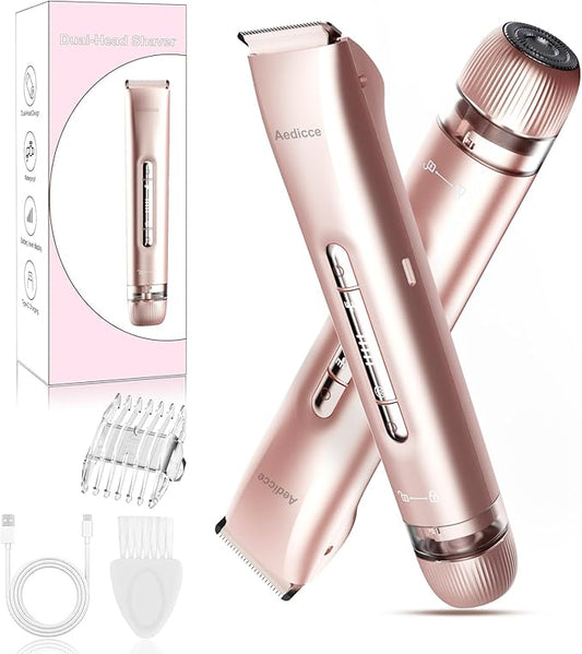 Bikini Trimmer for Women 2 in 1, Dual Head Womens Electric Shaver, Electric Razors for Pubic Hair, IPX7 Waterproof Rechargeable Facial Hair Removal for Shaving Underarm Leg Arm Body Face, Rose Gold