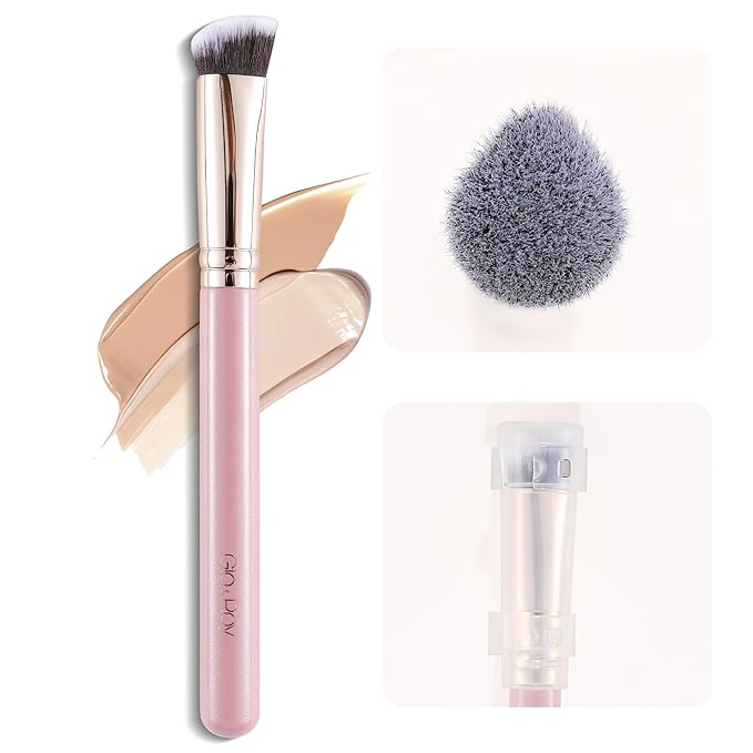GLO&RAY Angled Concealer Brush with Cap – Flat Top Synthetic Makeup Brush for Under Eye, Spot Coverage, Travel Size Concealer Blending Tool for Liquid & Cream Application (Pink)