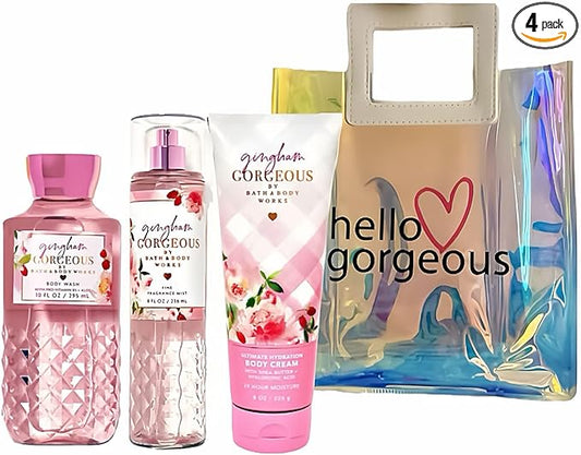 Bath & Body Works - 3 Piece Bundle - Spray - Body Cream - Shower Gel - Full Size and Gift Bag HELLO GORGEOUS (Gingham Gorgeous)