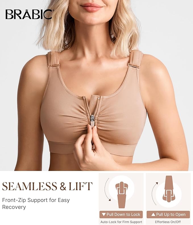 BRABIC Zip Front Closure Everyday Bra for Women Post Surgery Compression Support with Adjustable Straps Wirefree
