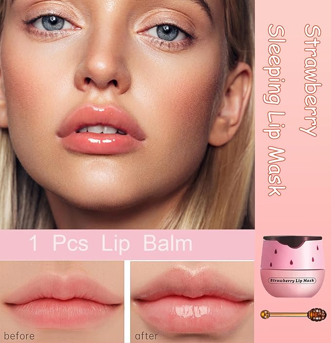 1 PCS Bee Lip Balm Honey Pot, Exfoliating Strawberry Bee Lip Balm Sleeping Lip Mask Overnight with Sticks, Honey Pot Lip Balm Prevention Dry Hydrating and Crack Lip Scrubs