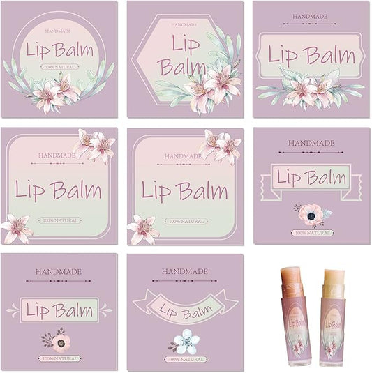 CRASPIRE Lip Balm Labels 80pcs Homemade Lip Balm Labels 2” Clear Lip Balm Labels for Tubes Printable Waterproof Lip Balm Stickers Labels for Lip Balm Handcream Candle Container（Flowers-Pink Purple）