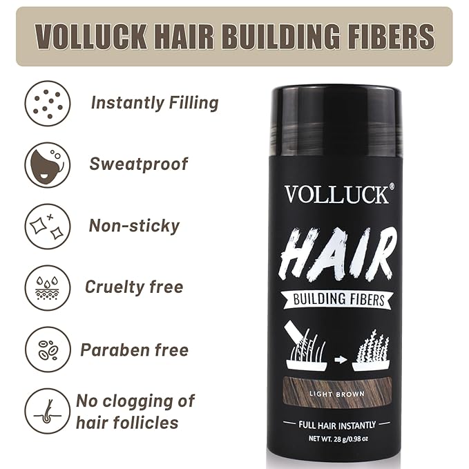 VOLLUCK Hair Fibers for Thinning Hair, Instant Coverage Hair Building Fibers for Women and men, Natural Hair Powder for Conceal Hair Loss 28 g (Light Brown)