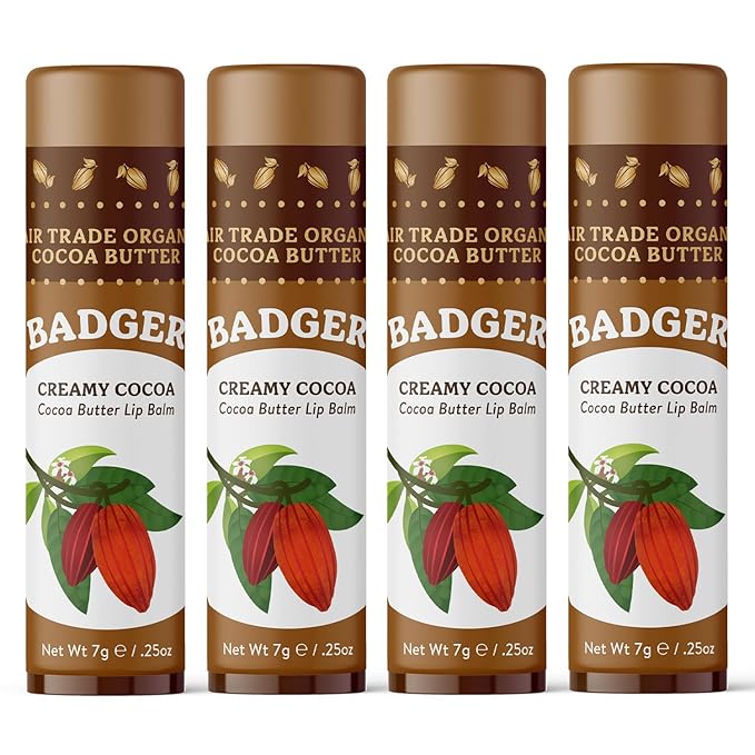 Badger Cocoa Butter Lip Balm, Creamy Cocoa, Certified Organic Lip Balm, Fair Trade, Lip Butter, Lip Balm Cocoa Butter, Care Lip Balm, 0.25 oz (4 Pack)