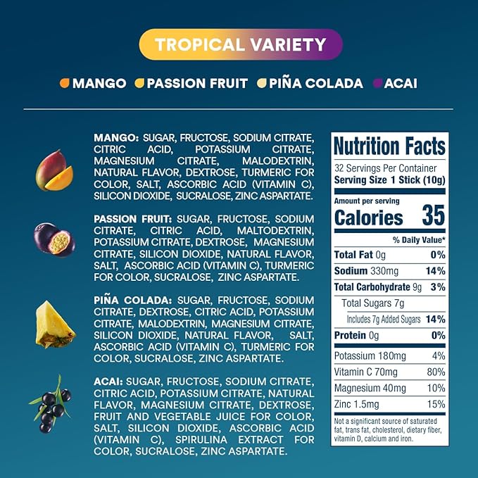 DripDrop Hydration Packets - Tropical Variety Pack - Single Serve Electrolytes Powder Drink Mix - Mango, Açaí, Passion Fruit, Piña Colada - Non-GMO, Gluten Free, Vegan - 32 Sticks