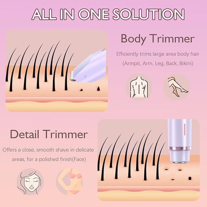 Bikini Trimmer for Women, 2 in 1 Dual-Head Electric Shaver for Women Pubic Hair, Waterproof Wet/Dry Use Body Hair Trimmer and Face Razors, Rechargeable Hair Removal for Bikini Legs Face Underarm Arm