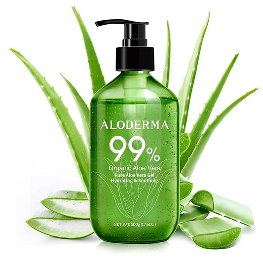 Aloderma 99% Organic Pure Aloe Vera Gel Made within 12 Hours of Harvest, 17.6oz Value Pump, Lightweight Non-Sticky Aloe Vera Gel for Sunburn Relief, Natural, Soothing Aloe Vera for Face & Hair