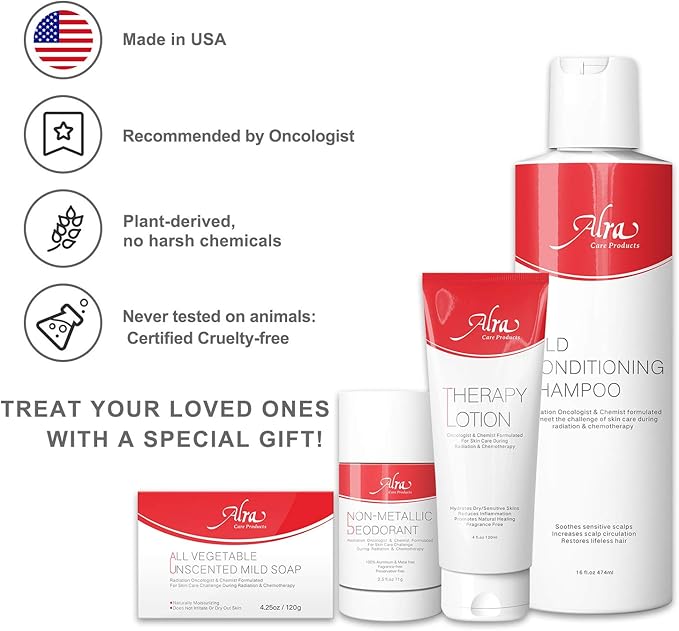 Alra Chemo & Radiation Kit Therapy Skincare Bundle (4-Piece Set) Deep Moisturizing Lotion, Mild Soap, Conditioning Shampoo, Non-Metallic Deodorant | Natural, Soothing Wellness for Cancer Patients