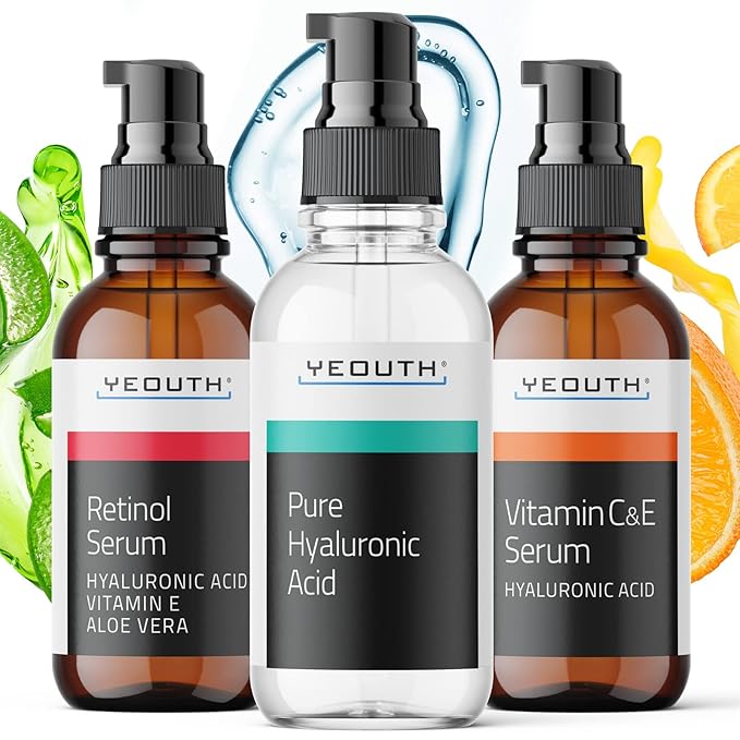 YEOUTH Skin Care Set: Retinol Serum for Face, Vitamin C and Hyaluronic Acid Serum, Face Care Kit that Targets Appearance of Uneven Uneven Skin and Dryness 3x1 oz