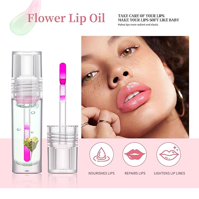 Flower Lip Oil, Hydrating Lip Glow Oil, Plumping Lip Oil, Non-Sticky Long Lasting Lip Oil Gloss, Transparent Lip Oil Tinted, Lip Plumper Gloss, Moisturize your lips and Reduce lip lines (02)