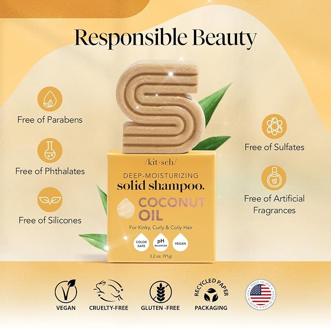 Kitsch Coconut Oil Shampoo Bar - Hydrate & Soften Dry Damaged Hair - Deep Moisturizing Curly Hair Shampoo - Safe Shampoo for Color Treated Hair - Silicone, Paraben & Sulfate Free - 3.2 oz