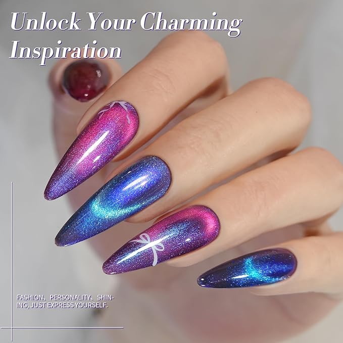 Born Pretty Magnetic Gel Nail Polish Set,Purple Blue Cat Magnetic Eye Gel Jelly Glass Crystal Magnetic Gel Polish Nail Art Manicure Kit 6PCS