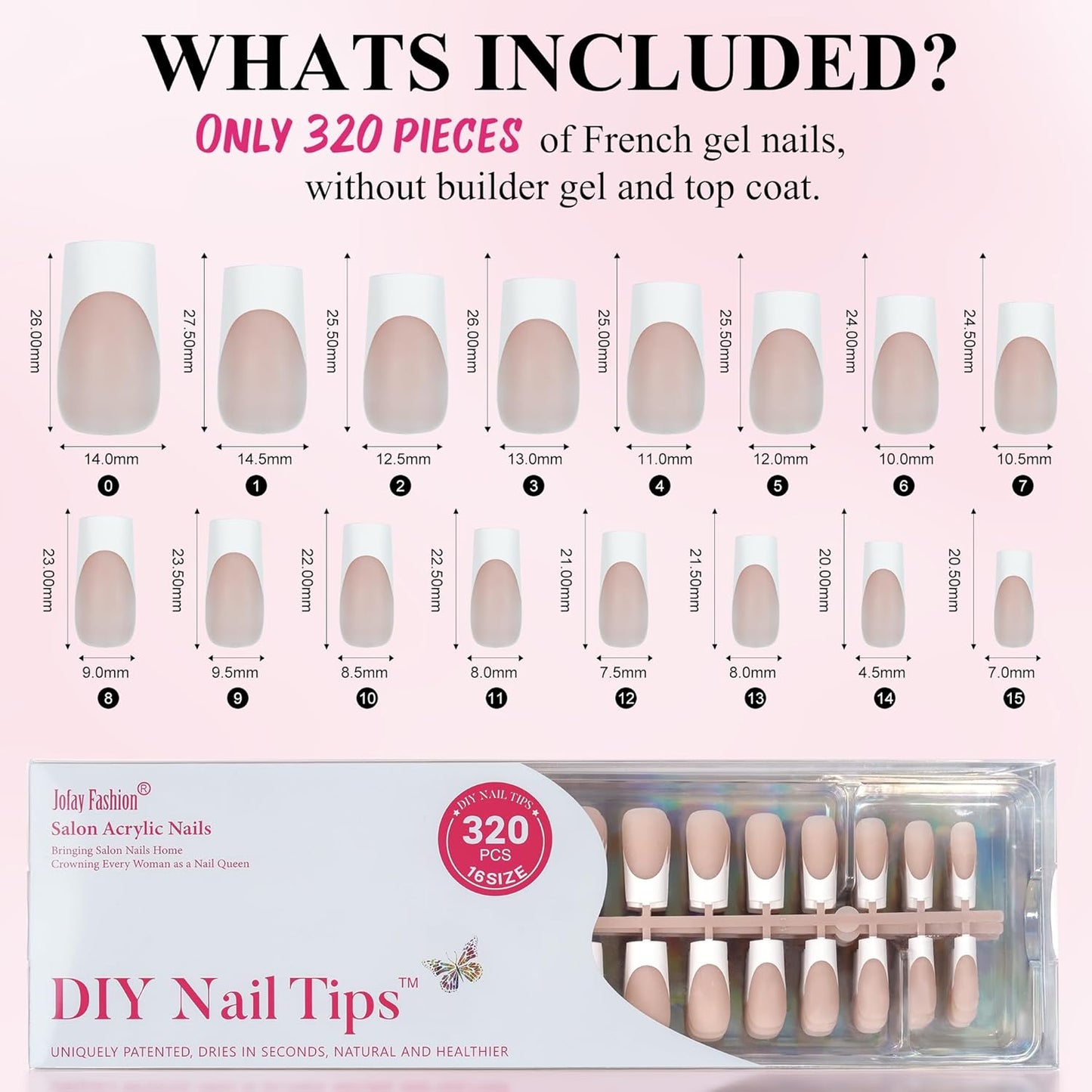 French Gel Nail Tips - Jofay Fashion French Tip Press on Nails 10-Piece Set 320Pcs, 3 in 1 Nude long Square Nail Tips, No Need to File Acrylic Fake Nails for Nail Art DIY & Nail Extension, 16 Sizes