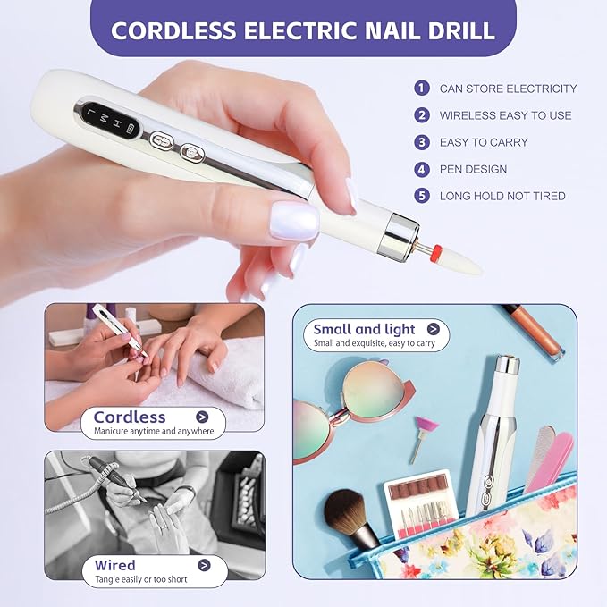 Electric Nail Drill File Cordless,Portable Rechargeable Nail File Kit for Acrylic & Gel Nails,Professional Efile for Manicure Pedicure Polishing,with 12 Nail Drill Bits 31 Sanding Bands,White