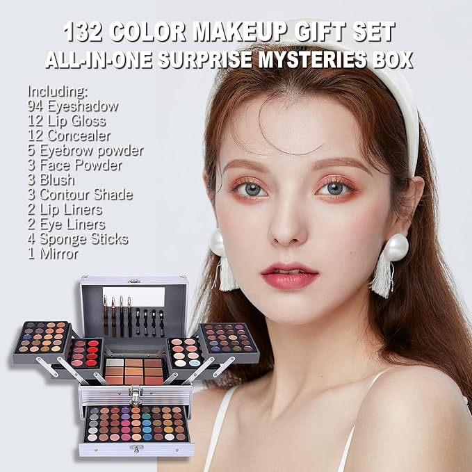 132 Color All In One Makeup Kit,Professional Makeup Case Set for Teen Girls, Multicolor Eyeshadow Palette(006N2-Silver)