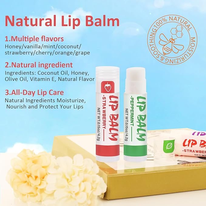 48 Pack Lip Balm, Natural Lip Balm Bulk with Vitamin E and Coconut Oil, Moisturizing Soothing Chapped Lips-8 Flavors