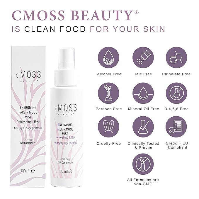 Sea Moss Infused Face and Mood Lifting Mist with Real Amethyst, Caffeine, Sage, and Hyaluronic Acid to Tighten, Brighten Skin and Calm Emotions