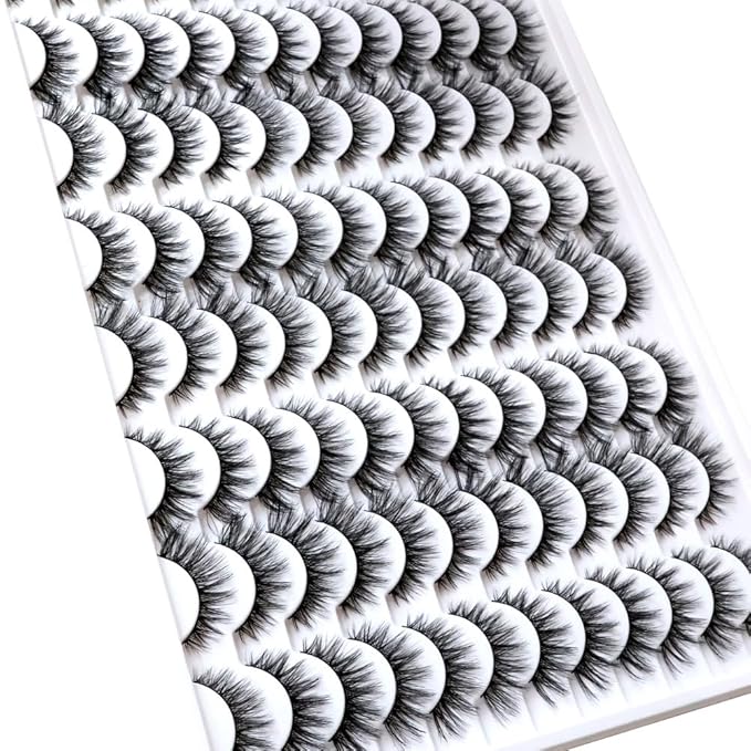 False Eyelashes 48 Pairs Faux Mink Lashes 14mm Wispy Lashes 3D Fluffy Cat Eye Lashes Pack Bulk Wholesale Strip Lashes(style 48-042)