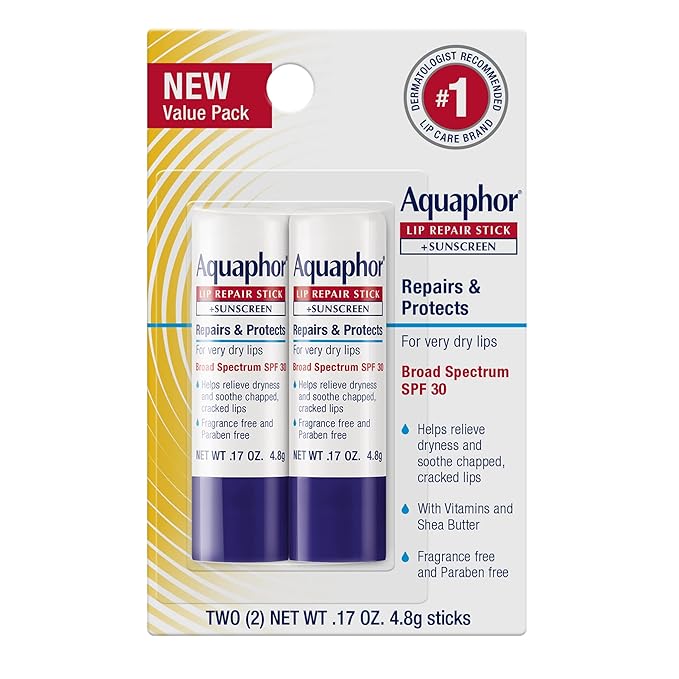 Aquaphor Lip Repair, Moisturizing Lip Balm Set, Soothes Dry Chapped Lips, Lip Repair Stick, 0.17 Oz (Pack of 2) + Lip Repair and Protect Stick, Lip Balm with Sunscreen SPF 30, 0.17 Oz (Pack of 2)
