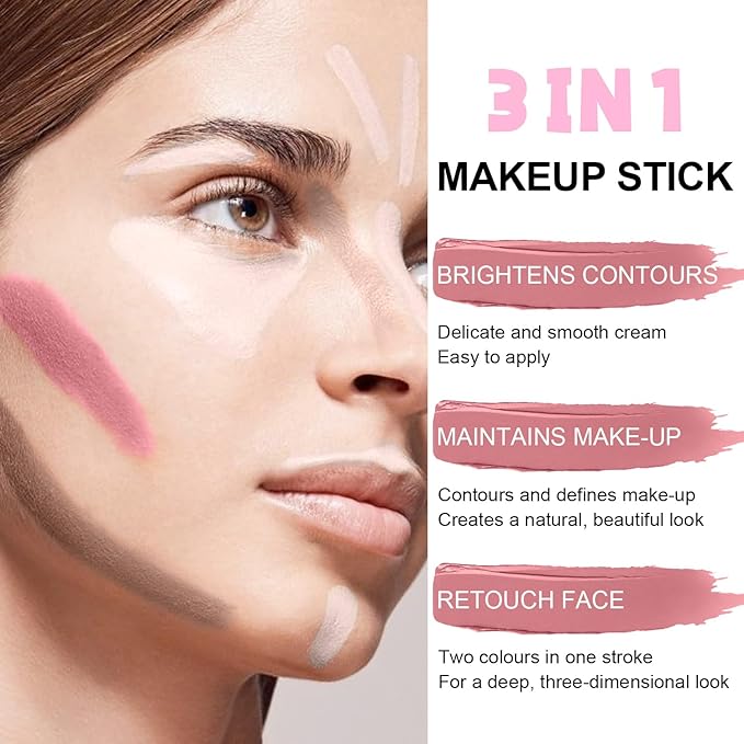 6 Colors Cream Contour Stick Makeup Kit, Shades with Highlighter Stick, Blush Stick and Double-End Bronzer Stick for Sculpt the Cheeks, Waterproof,Dewy & Matte Finish for Beginners (6 COLORS SET A)