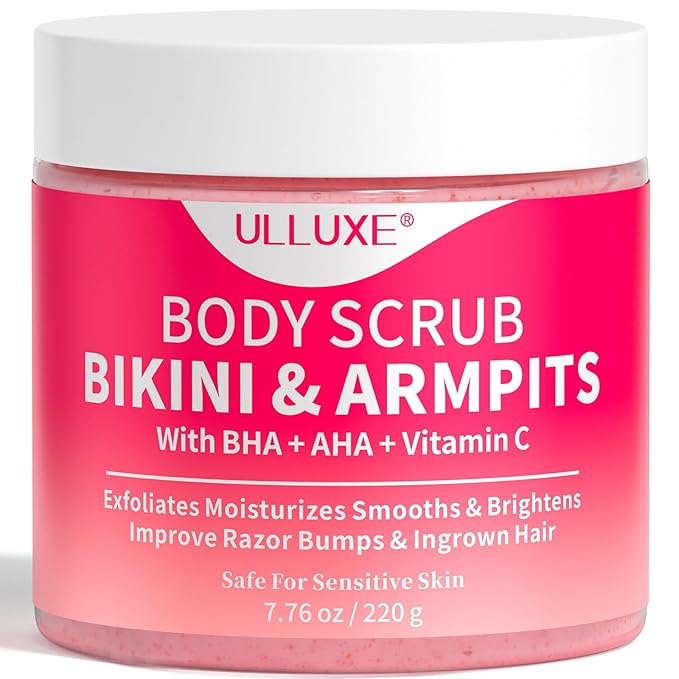 Bikini Area Exfoliator with 10% AHAs BHA & Vitamin C, Exfoliating Body Scrub for Ingrown Hair and Underarm Bumps, Dark Spots, Moisturize Brighten Soothe & Even Skin Tone, Sensitive Skin Safe, 7.76 oz