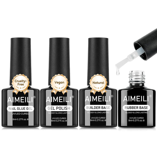 AIMEILI Gel Nail Polish Nail Glue Blooming Builder Rubber Base 4pcs, Cruelty Free, Vegan, U V LED Nail Art