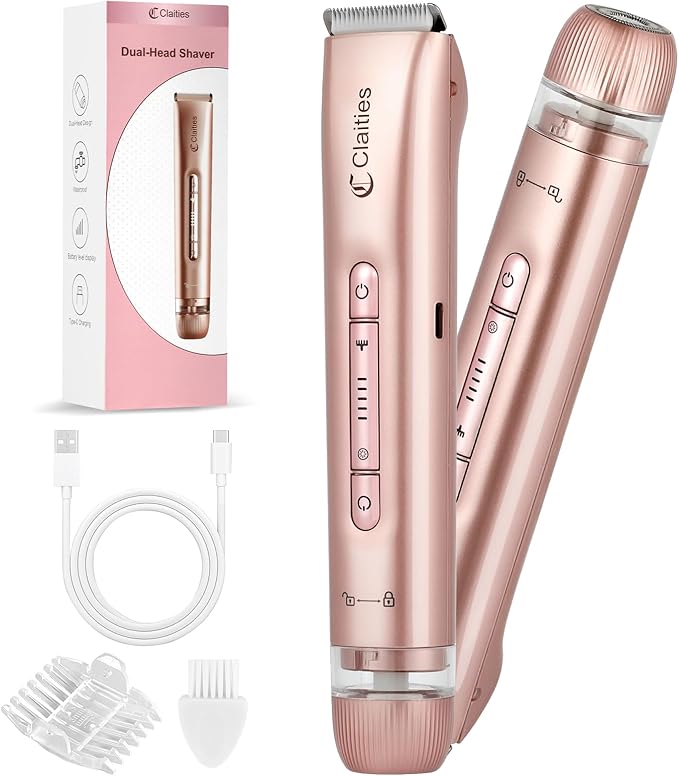 2 in 1 Women Electric Shaver Dual Head Bikini Trimmer for Women IPX7 Waterproof Wet & Dry Use Body Hair Trimmer and Facial Hair Remover for Bikini Underarm Leg Arm Body Face