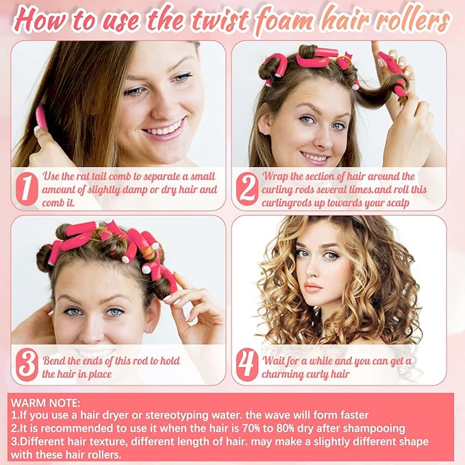 Selizo 30Pcs 9.45"x0.55" Flexible Hair Rollers, Foam Curlers for Short, Medium and Long Hair, No Heat Curlers, Hair Rods - Pink(Diameter 0.55')