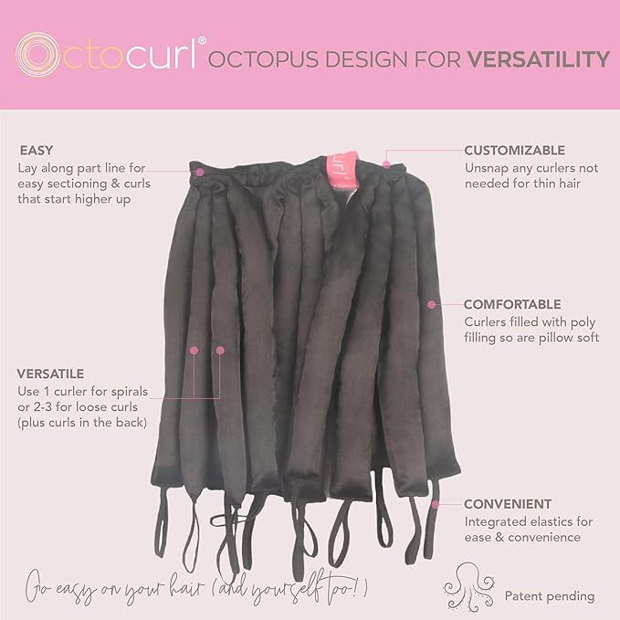 Octocurl Heatless Hair Curler - No Headband Octopus Curler - Overnight Curls for Medium Length Hair (Satin - Black)