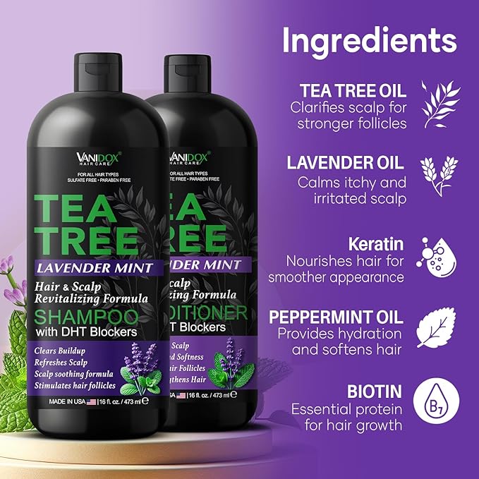 Tea Tree Shampoo and Conditioner Set with Lavender and Mint | DHT Blockers | With 100% Pure Tea Tree Oil for Itchy, Dry Scalp | Sulfate & Paraben Free | For Men & Women | 16 fl oz Each