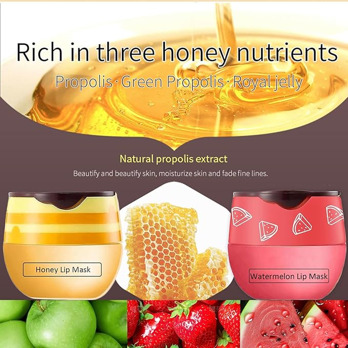 4 PCS Bee Lip Balm Honey Pot,Strawberry&Watermelon&Honey&Apple Lime Lip Mask Overnight Hydrating Prevention Dry and Cracked Lip Scrubs Exfoliator Lip Care, Lip Sleeping Mask Reduces Lip Lines