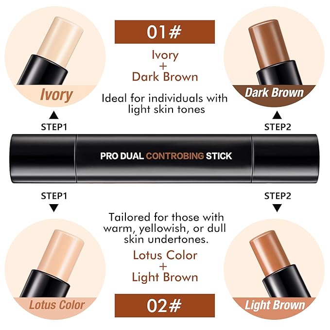 4 Colors Cream Contour, Stick Palette, Contouring Concealer, Stick Primer, Face Makeup Kit for Beginners, Cream Concealer and Highlight Stick(#1+2)